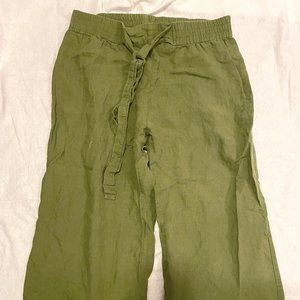 High Waisted Tie Front Olive Green Linen Pants Size L